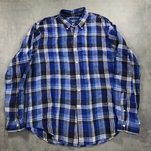Ralph Lauren Shirt Men's Extra Large Blue Plaid 100% Linen Button Down Pony Logo